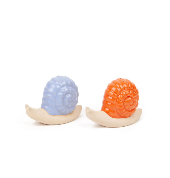Pair of salt and pepper shakers designed to resemble snails, one with a light blue shell and the other with an orange shell