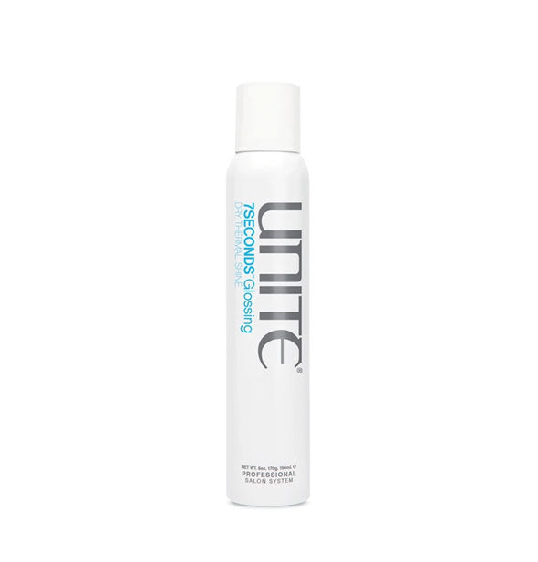 White 6 ounce can of Unite 7SECONDS Glossing Dry Thermal Shine spray