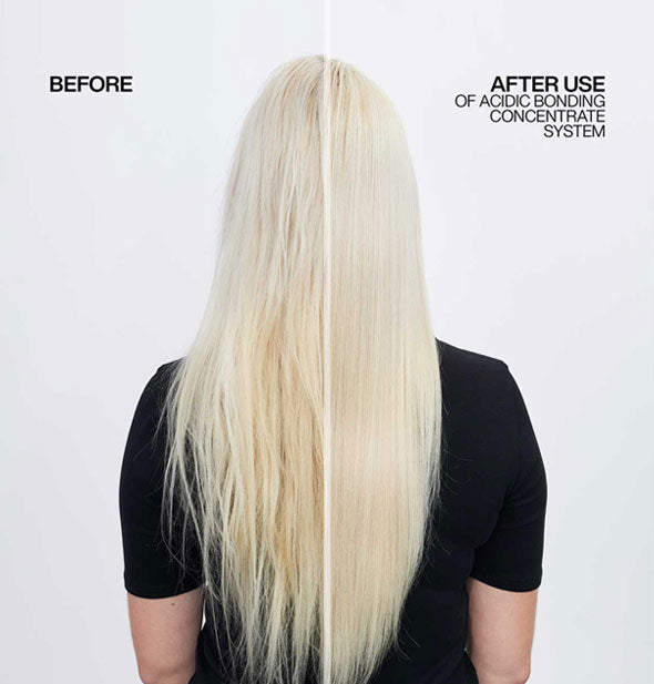 A model's hair before and after use of Redken Acidic Bonding Concentrate System