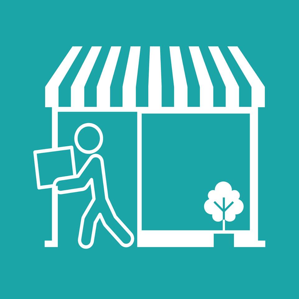 Line drawing of a shopper walking out of a storefront with box in hand