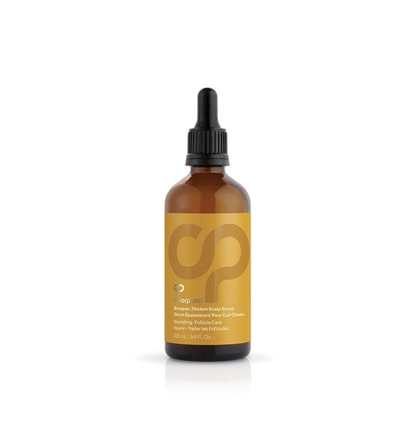 3.4 ounce brown bottle of ColorProof Biorepair Thicken Scalp Serum with yellow label and black dropper lid