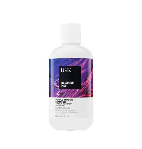 8 ounce bottle of IGK Blonde Pop Purple Toning Shampoo