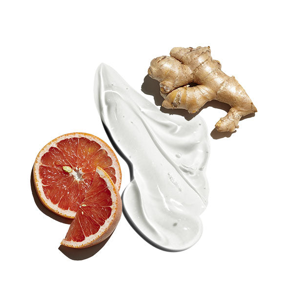Sample application of Body-Building Hair Gel staged with ginger root and grapefruit slices