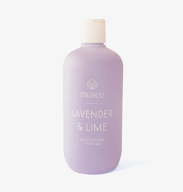 Purple 14 ounce bottle of Musee Lavender & Lime Body Lotion with white cap