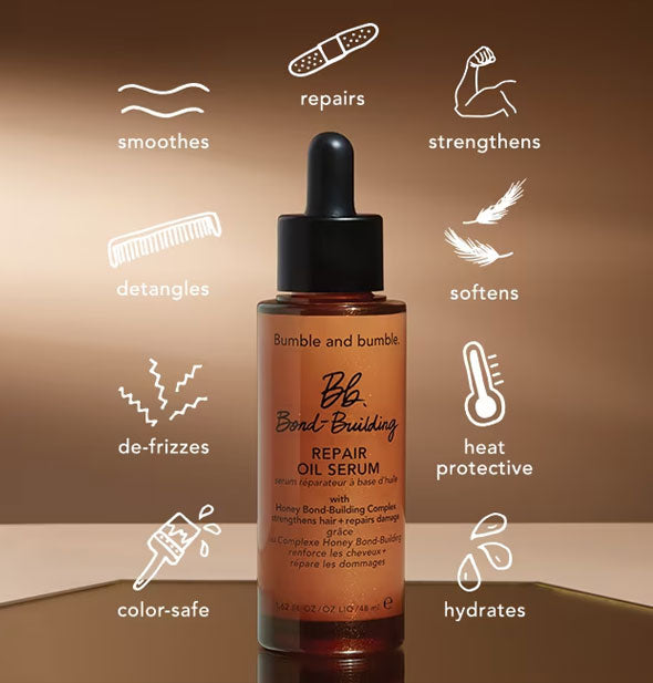 A bottle of Bumble and bumble Bond-Building Repair Oil Serum is surrounded by labeled infographics of its benefits: Color-safe, de-frizzes, detangles, smoothes, repairs, strengthens, softens, heat protective, hydrates