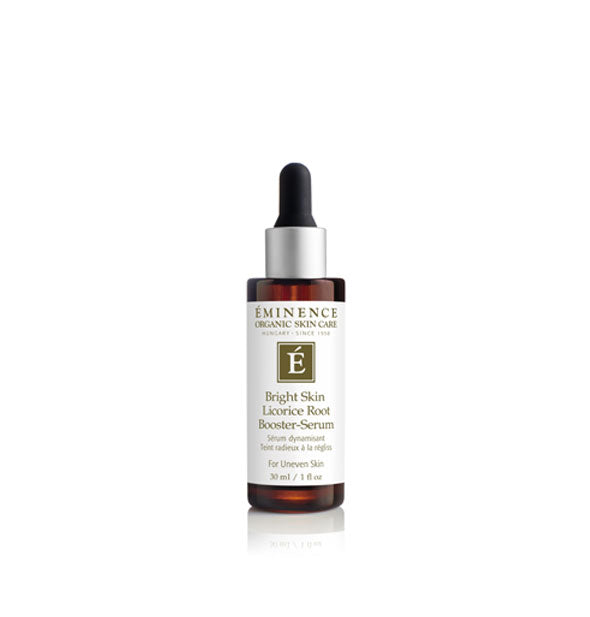 Brown 1 ounce dropper bottle of Eminence Organic Skin Care Bright Skin Licorice Root Booster-Serum with white label