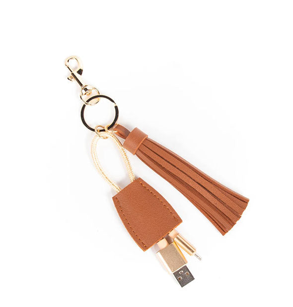 Gold clip key ring with attached brown leather tassel and tab with iPhone and USB connectors.