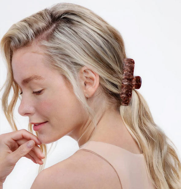 Model wears a brown marbled-effect claw clip in a low pony