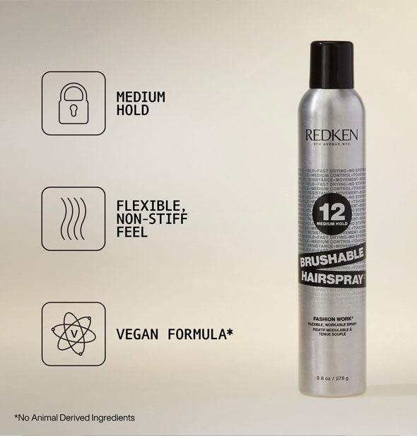 Can of Redken Brushable Hairspray is labeled with its key benefits alongside icons to represent each: Medium hold; Flexible, non-stiff feel; Vegan formula