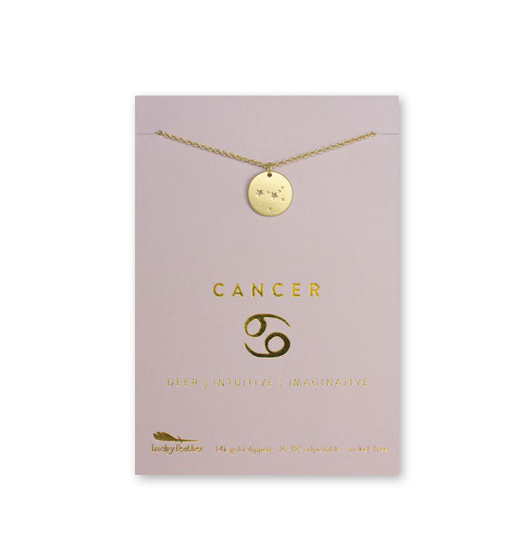 Gold Cancer necklace on card with metallic gold print and symbol