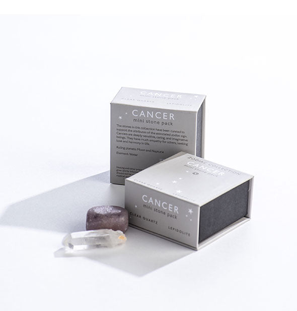 Two grey Cancer Mini Stone Packs with crystals displayed in front.