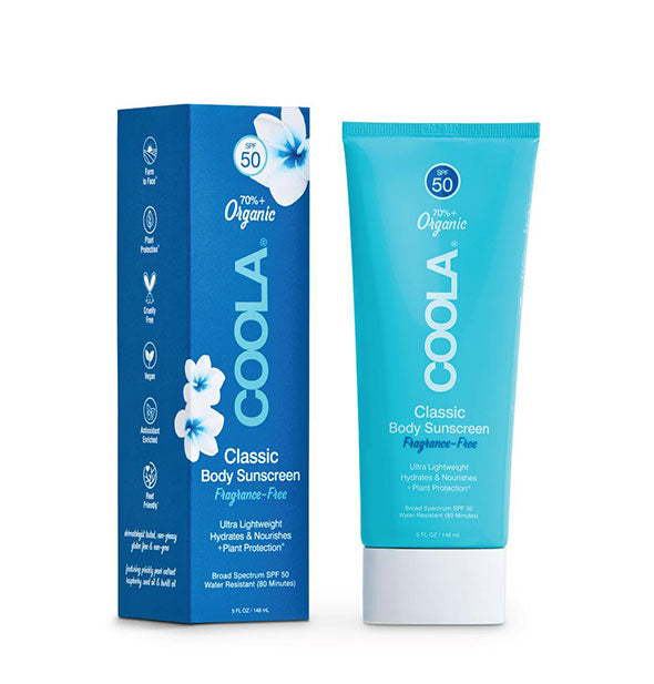 Blue tube and box of COOLA Classic Body Sunscreen