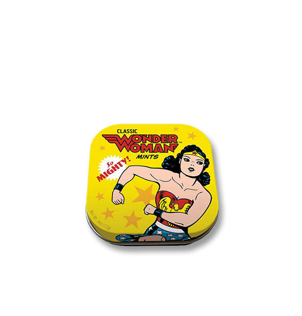Rounded square tin of Classic Wonder Woman Mints: So Mighty! featuring retro illustration of the superhero