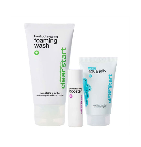 Contents of the Dermalogica Clear Start Breakout Clearing Kit: Foaming Wash, Booster, and Aqua Jelly