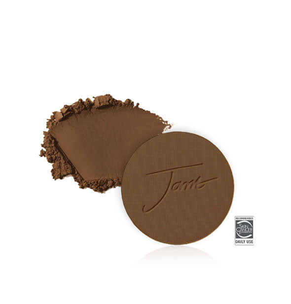 Jane Iredale PurePressed Base Mineral Foundation Refill with sample product swatch behind in the shade Cocoa