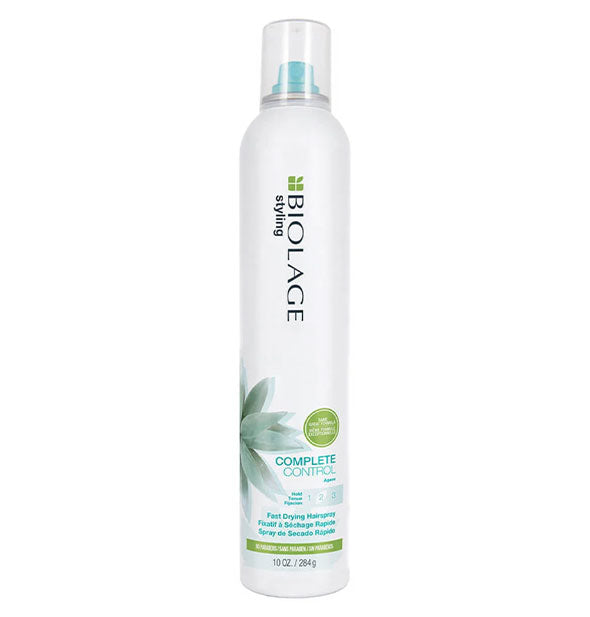White 10-ounce can of Biolage Styling Complete Control Fast Drying Hairspray with blue and green design accents