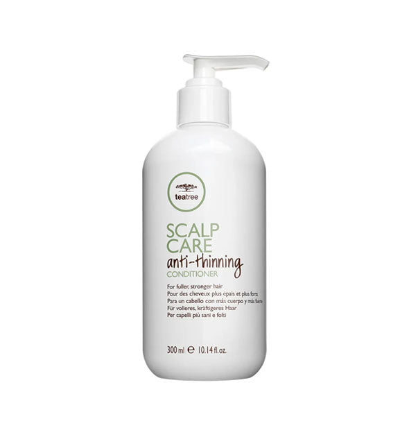 White 10.14 ounce bottle of Paul Mitchell Tea Tree Scalp Care Anti-Thinning Conditioner with pump nozzle