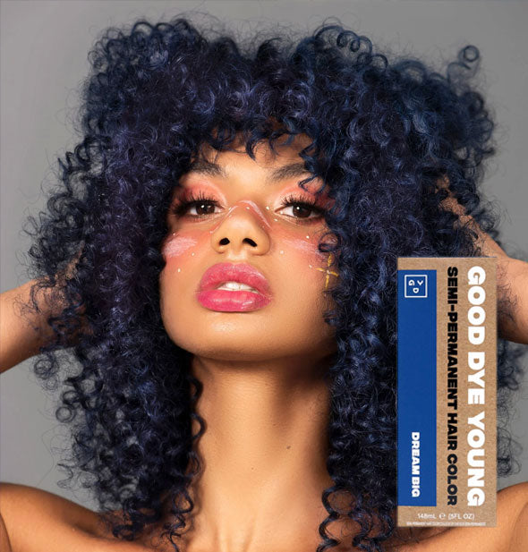 Model with dark blue hair color by Good Dye Young in the shade Dream Big