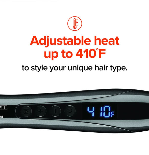 Closeup of Paul Mitchell curling wand handle set to 410 degrees Fahrenheit is captioned, "Adjustable heat up to 410°F to style your unique hair type."