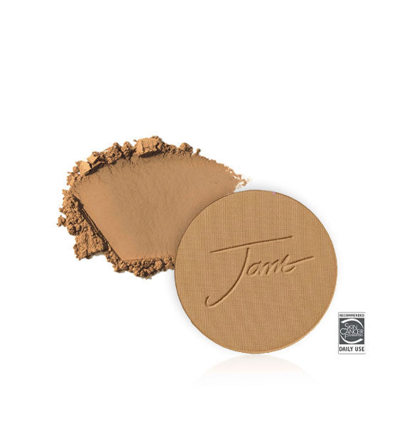 Jane Iredale PurePressed Base Mineral Foundation Refill with sample product swatch behind in the shade Fawn