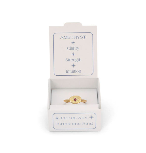 February amethyst birthstone ring in box labeled, "Clarity, Strength, Intuition"