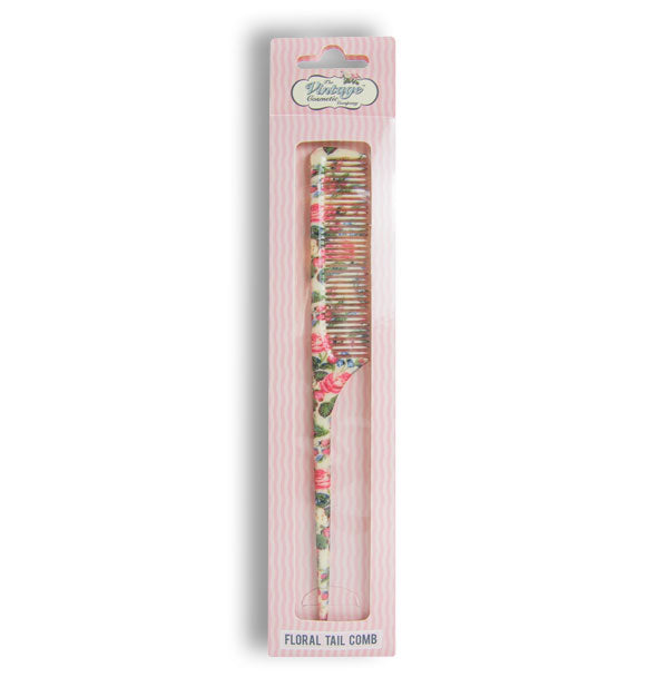 Floral print tail comb by The Vintage Cosmetic Company in pink striped packaging