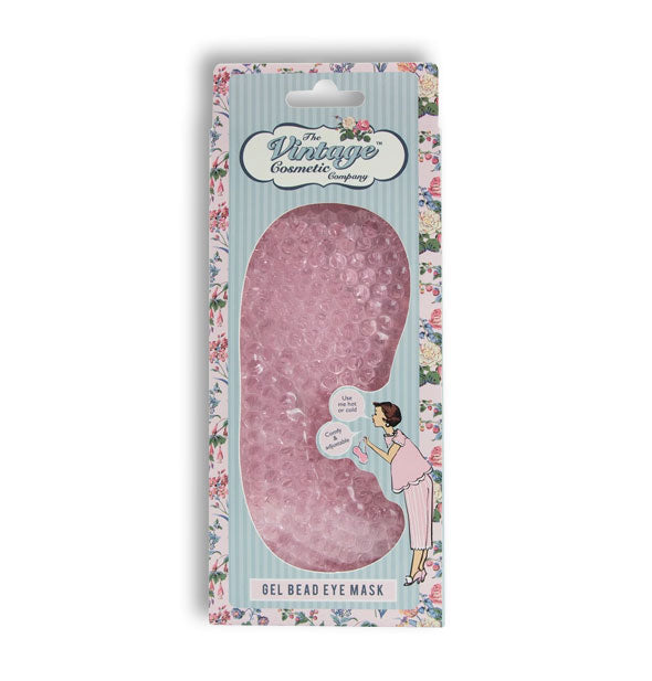 Pink gel bead eye mask by The Vintage Cosmetic Company in floral and blue striped packaging