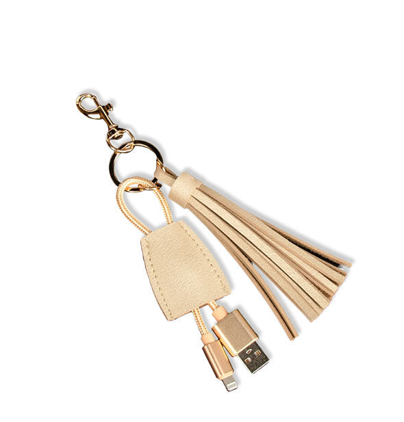 Gold clip key ring with attached gold leather tassel and tab with iPhone and USB connectors.
