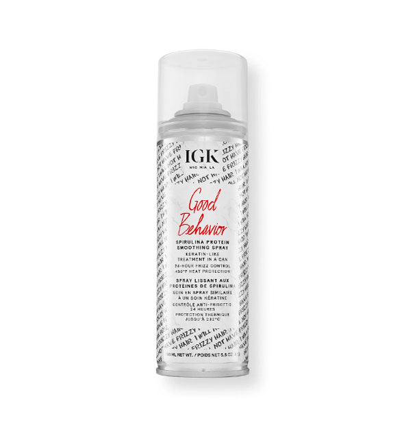 5 ounce can of IGK Good Behavior Spirulina Protein Smoothing Spray with all-over text pattern