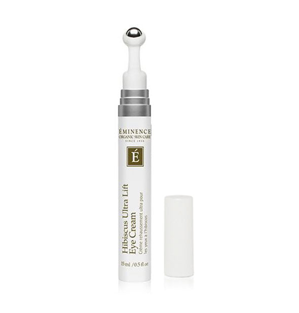 Half-ounce tube of Eminence Organic Skin Care Hibiscus Ultra Lift Eye Cream with silver roller ball applicator tip