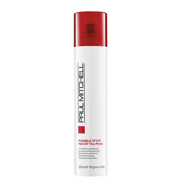 White and red 6 ounce can of Paul Mitchell Flexible Style Hot off the Press Hairspray