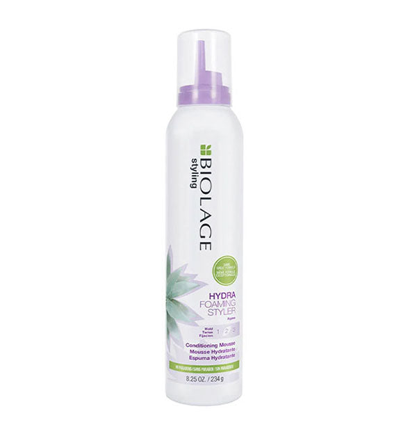 White 8.25 ounce can of Biolage Hydra Foaming Styler mousse with purple and green accents