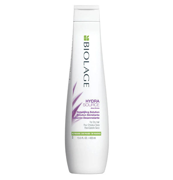 White 13.5-ounce bottle of Biolage HydraSource Detangling Solution with purple and green design accents.