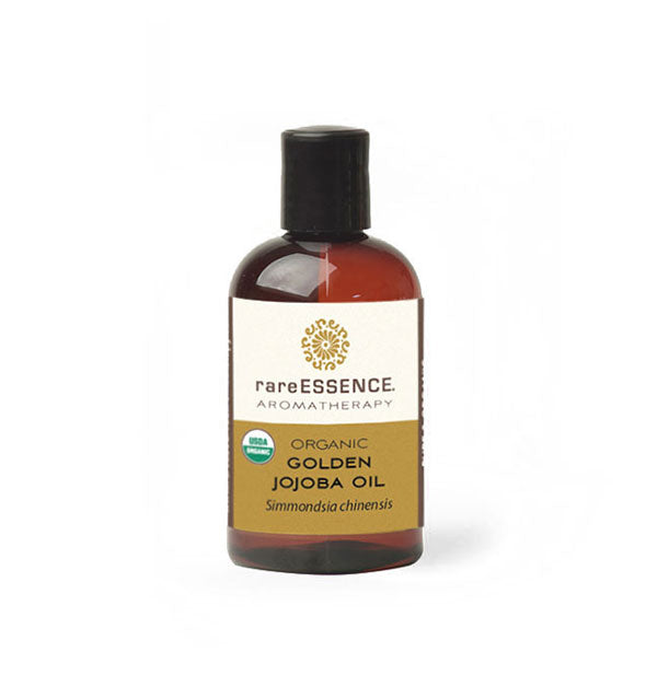 Brown bottle of Rare Essence Aromatherapy Organic Golden Jojoba Oil