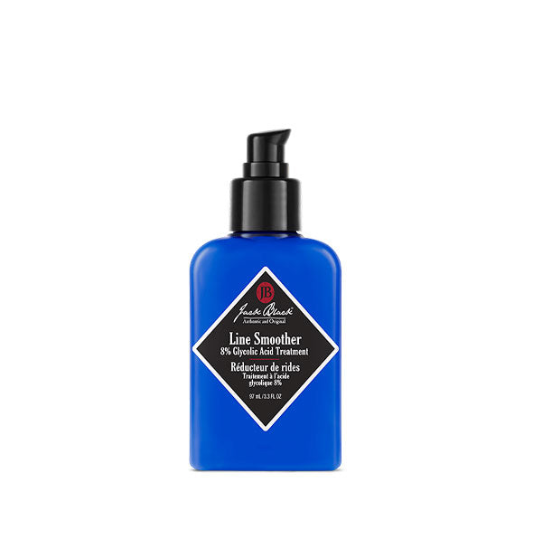 Blue 3.3 ounce bottle of Jack Black Line Smoother Oil-Free Moisturizer with black label and pump nozzle