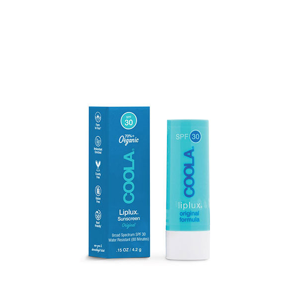 Tube and box of COOLA Liplux Sunscreen