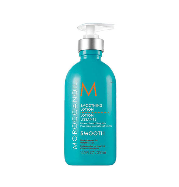 Blue 10.2 ounce bottle of Moroccanoil Smoothing Lotion with pump nozzle