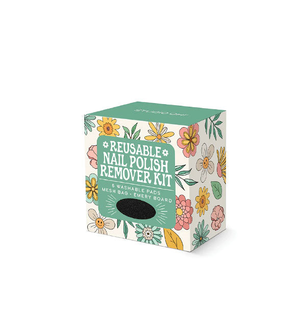 Reusable Nail Polish Remover Kit box with floral design and green accets