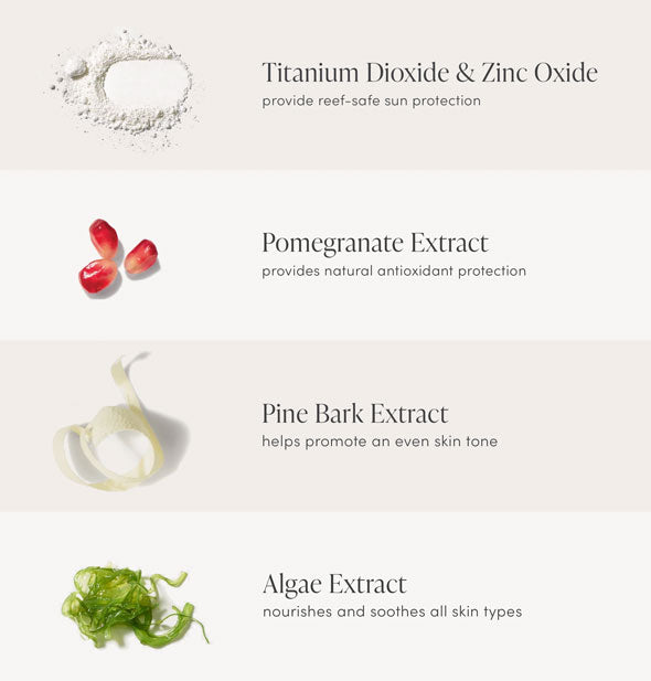 Key ingredients of Jane Iredale's PurePressed Base Mineral Foundation Refills: Titanium Dioxide & Zinc Oxide, Pomegranate Extract, Pine Bark Extract, and Algae Extract