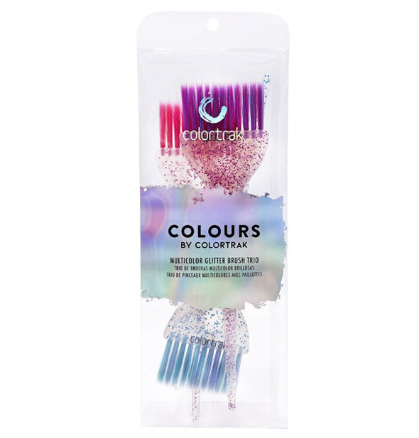 Pack of three ColorTrak Colours glitter brushes in purple, pink, and blue