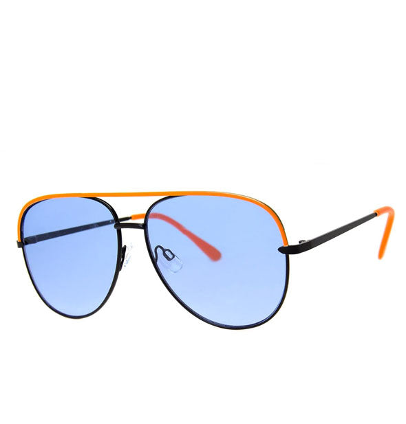 Pair of aviator-style sunglasses with orange and black frame and blue lens