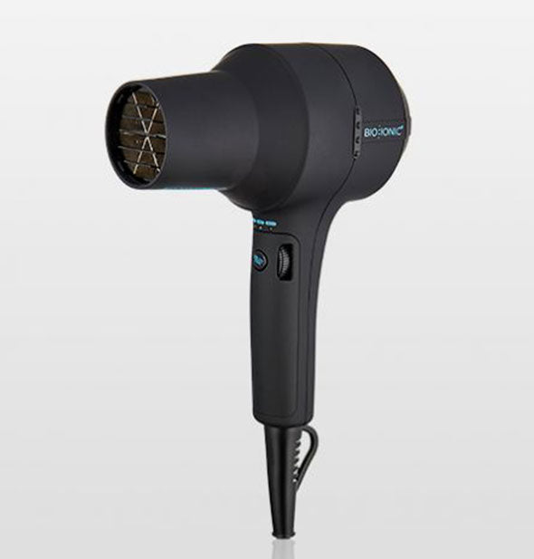 Black hair dryer shown from front three-quarter view without diffuser attachment