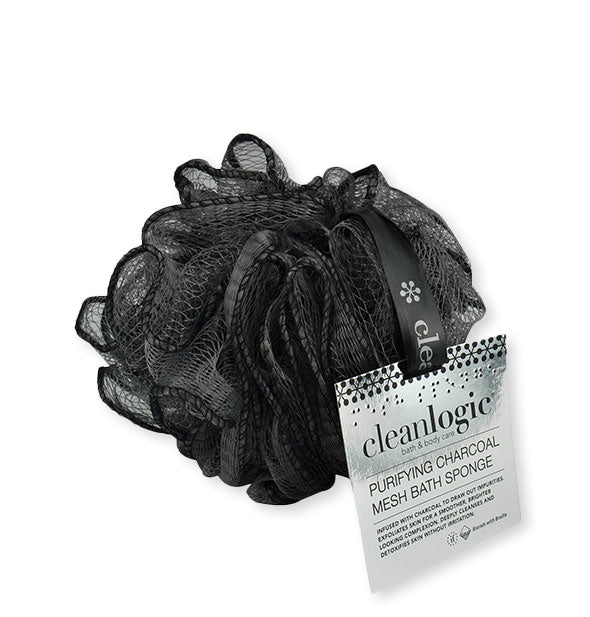 Black Cleanlogic Purifying Charcoal Mesh Bath Sponge with black ribbon handle and tag attached