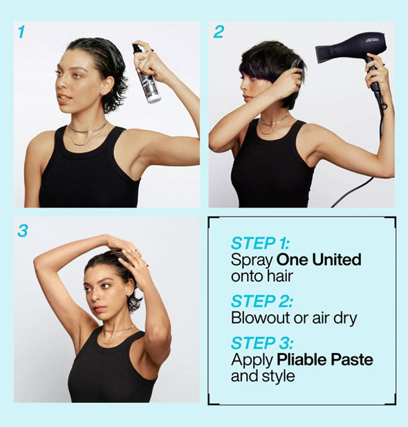 Three-step styling process using Redken One United and Pliable Paste with pictures