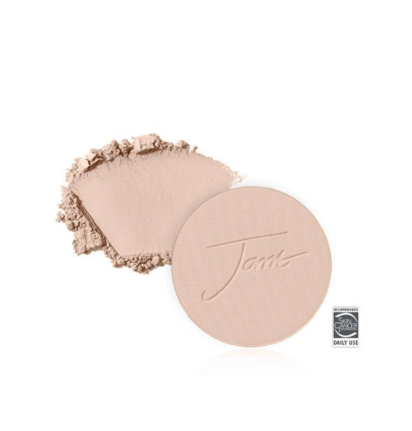 Jane Iredale PurePressed Base Mineral Foundation Refill with sample product swatch behind in the shade Satin