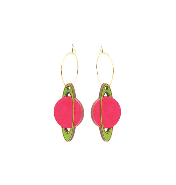 Pink and green carved Saturn earrings on gold hoops