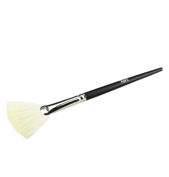 White POPS fan makeup brush with nickel ferrule and black handle