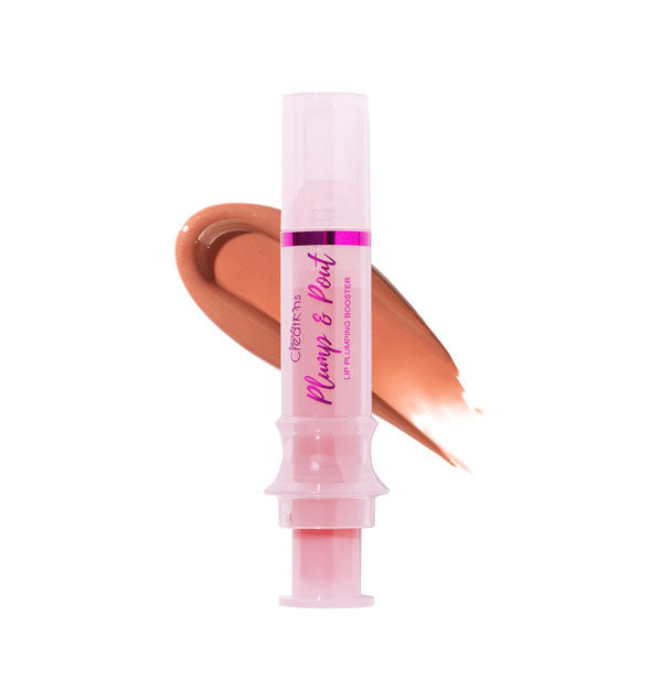 Tube of Plump & Pout Lip Plumping Booster with color swatch behind in the shade So Unbothered (Pearl Nude)