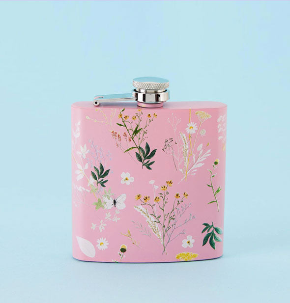 Square pink flask with steel cap and delicate flower designs