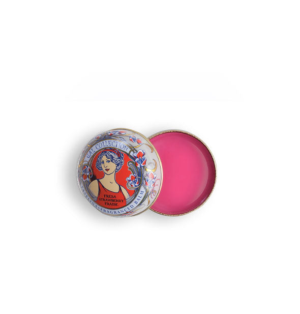 Opened round tin of dark pink strawberry Gal Collection lip balm with illustration of a vintage-styled woman flanked by flowers on its lid